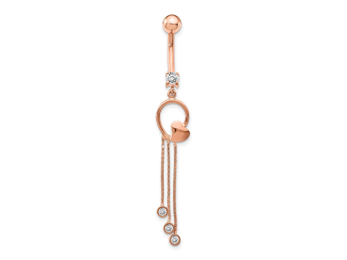 14k Rose Gold 14 Gauge CZ Heart 3-Chain Dangle Belly Ring / 14k Belly Heart Ring / Gold Navel Ring / Belly Ring Real Gold Gift Box Included