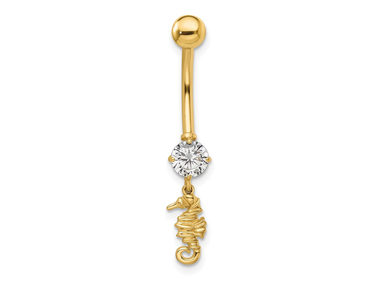 14k Yellow Gold Sea Horse CZ Belly Ring / 14k Belly Button Ring / Sea Horse Gold Navel Ring / Tummy Ring Real Gold w/  Gift Box Included