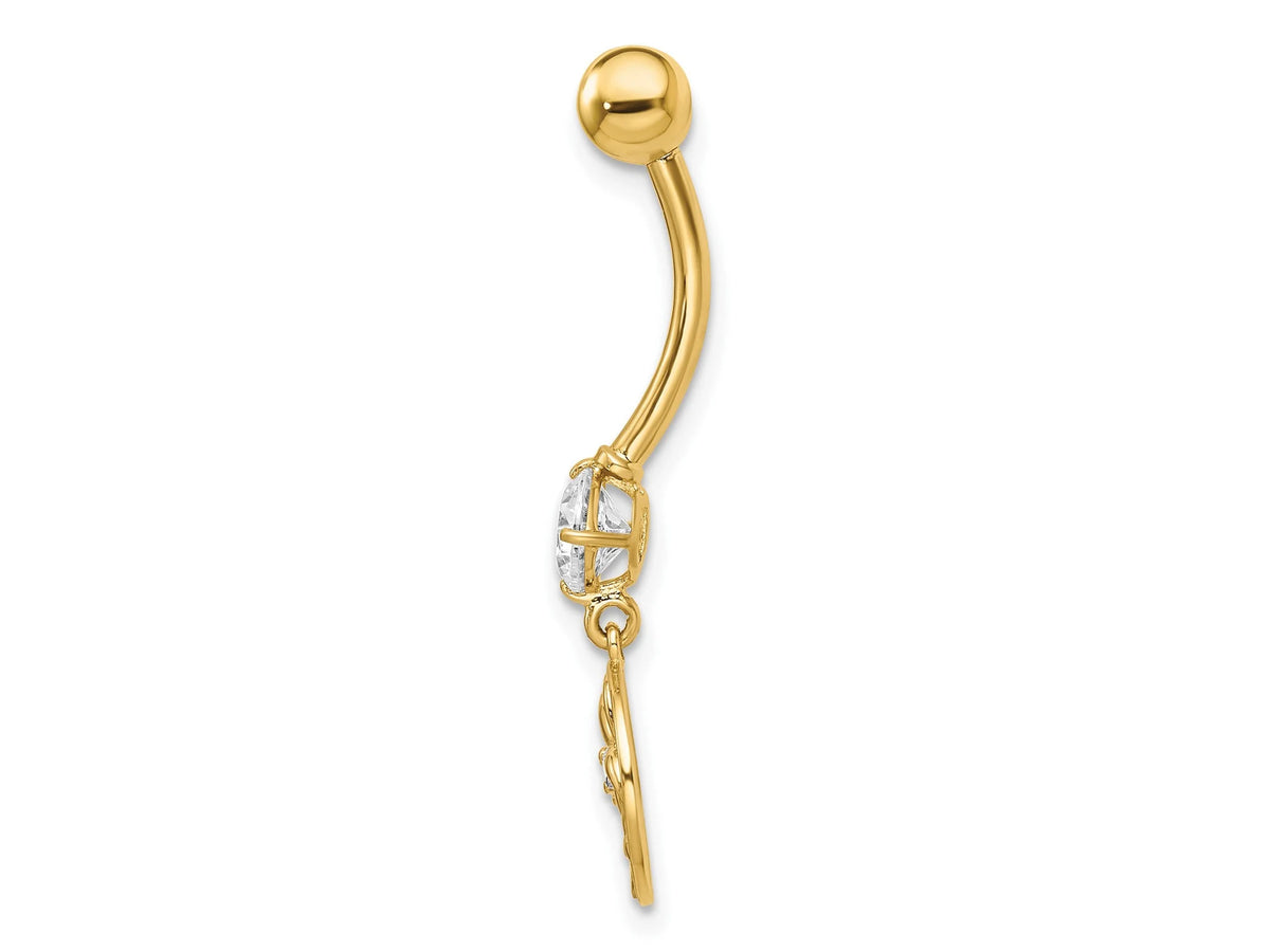14k Yellow Gold Palm Tree CZ Belly Ring / 14k Belly Button Ring / Palm Tree Gold Navel Ring / Tummy Ring Real Gold w/  Gift Box Included