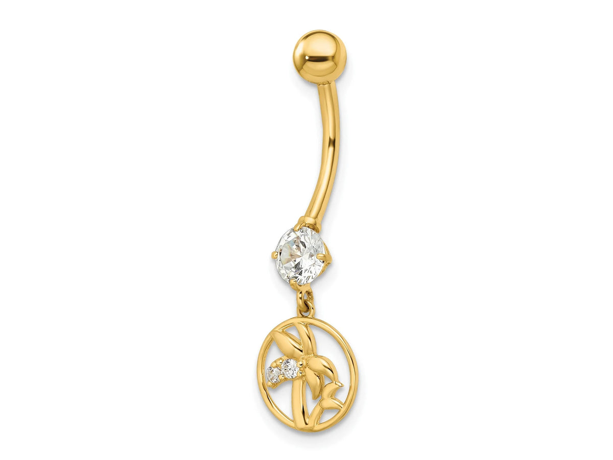 14k Yellow Gold Palm Tree CZ Belly Ring / 14k Belly Button Ring / Palm Tree Gold Navel Ring / Tummy Ring Real Gold w/  Gift Box Included