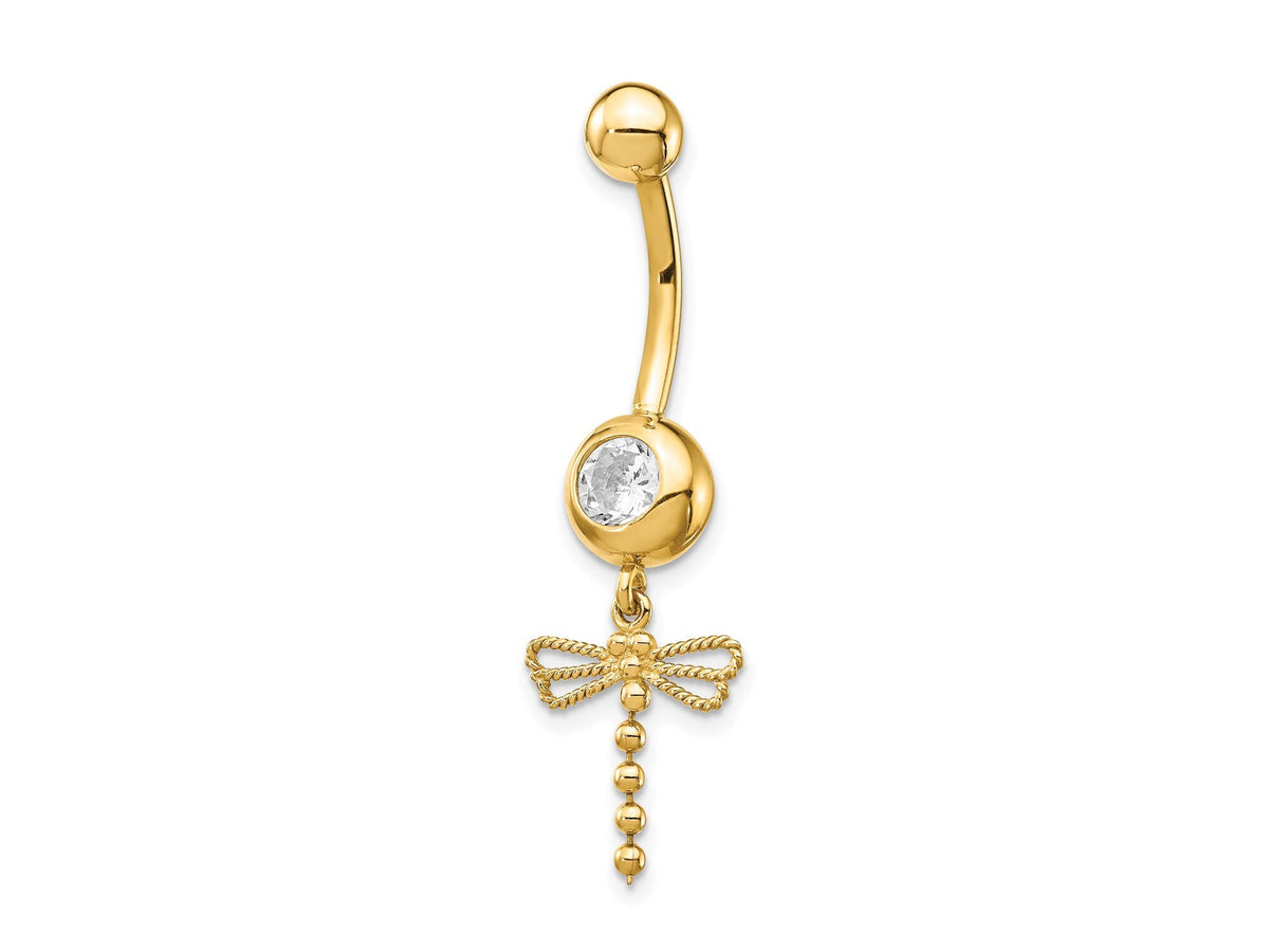 14k Yellow Gold Dragonfly CZ Belly Ring / 14k Belly Button Ring / Dragonfly Gold Navel Ring / Tummy Ring Real Gold w/ Gift Box Included