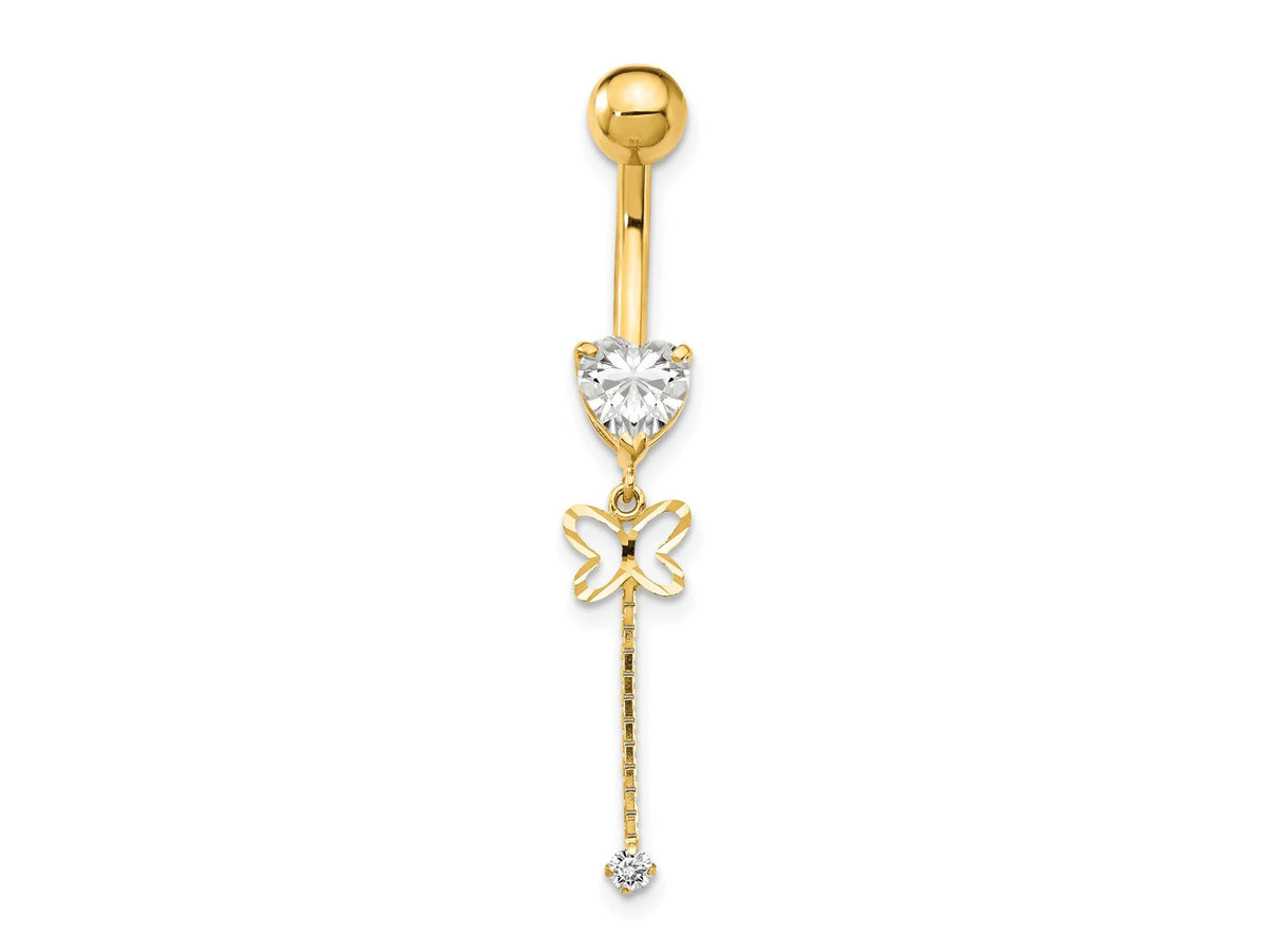 14k Yellow Gold Heart & Butterfly CZ Belly Ring / 14k Heart Belly Button Ring / Gold Navel Ring / Belly Ring Real Gold Gift Box Included