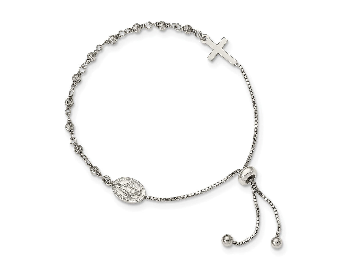 Sterling Silver Polished Cross Rosary Miraculous Medal Adjustable Bracelet - Gift Box Included
