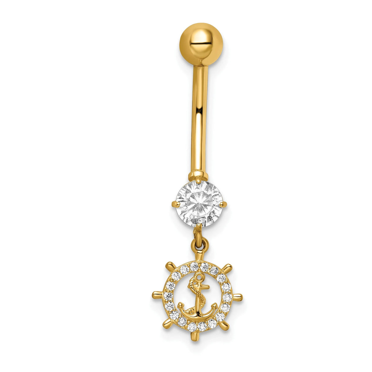 14k Yellow Gold Anchor and Ships Wheel CZ Belly Ring / 14k Naval Belly Button Ring / Gold Navel Ring / Tummy Ring Real Gold w/  Gift Box