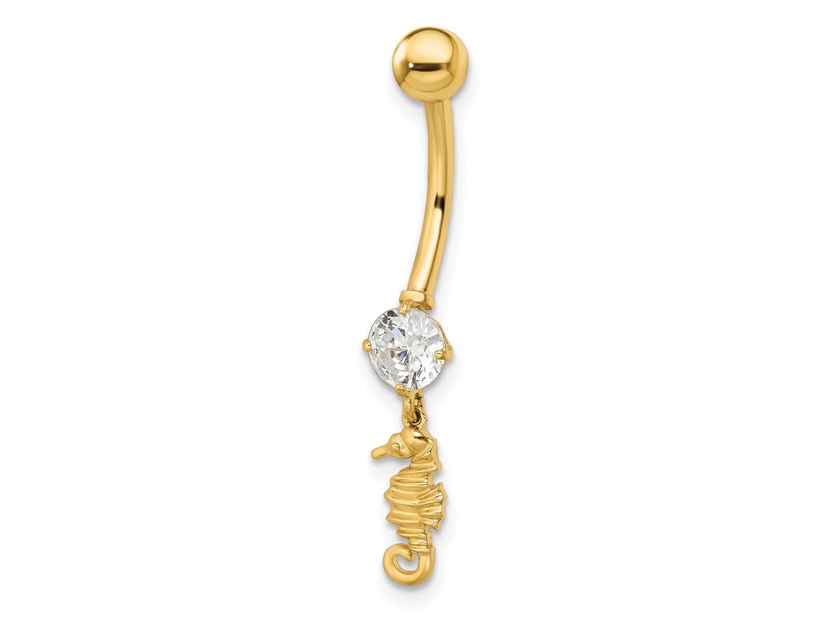 14k Yellow Gold Sea Horse CZ Belly Ring / 14k Belly Button Ring / Sea Horse Gold Navel Ring / Tummy Ring Real Gold w/  Gift Box Included