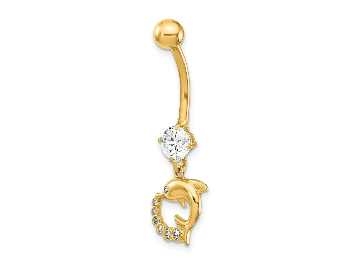 14k Yellow Gold Dolphin  CZ Belly Ring / 14k Belly Button Ring / Dolphin Gold Navel Ring / Flipper Tummy Ring Real Gold w/ Gift Box Included