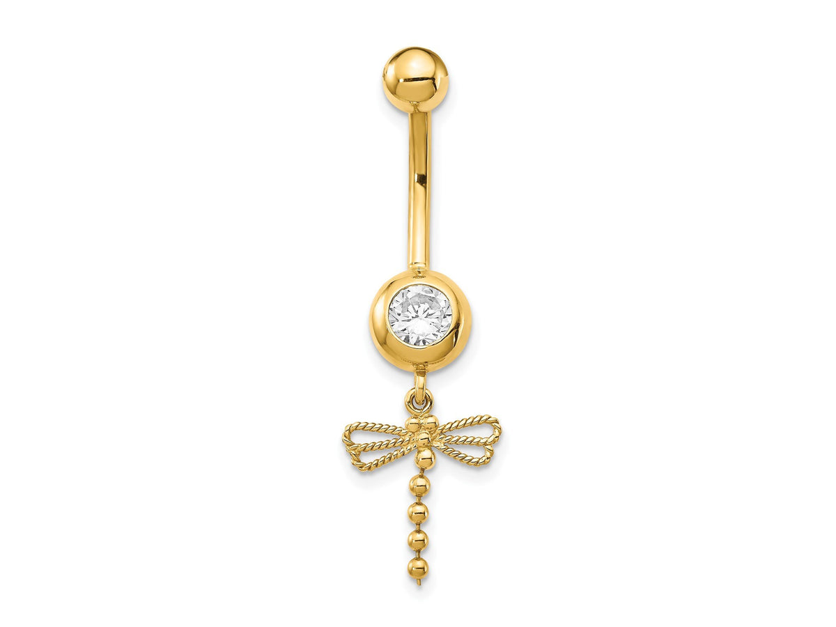 14k Yellow Gold Dragonfly CZ Belly Ring / 14k Belly Button Ring / Dragonfly Gold Navel Ring / Tummy Ring Real Gold w/ Gift Box Included