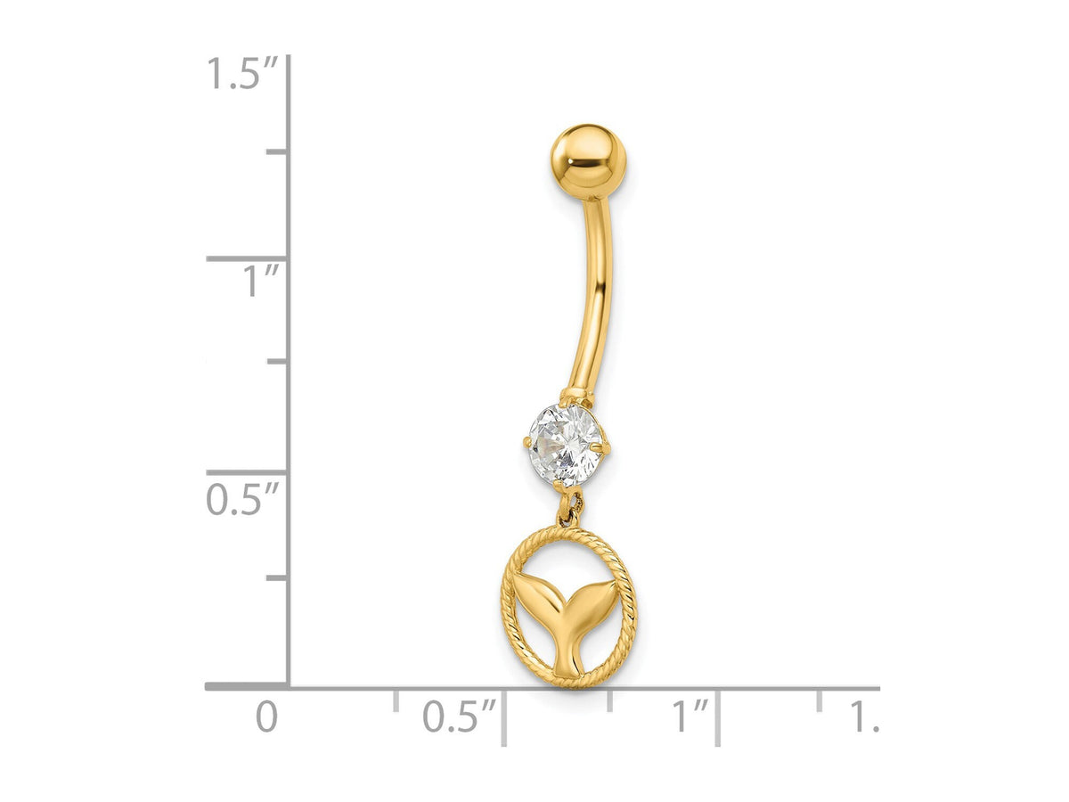14k Yellow Gold Whale Tail CZ Belly Ring / 14k Belly Button Ring / Whale Tail Gold Navel Ring / Tummy Ring Real Gold w/ Gift Box Included