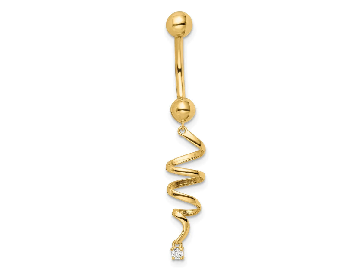 14k Yellow Gold Twist & Dangle CZ Belly Ring / 14k Twister Belly Button Ring / Gold Navel Ring / Belly Ring Real Gold Gift Box Included