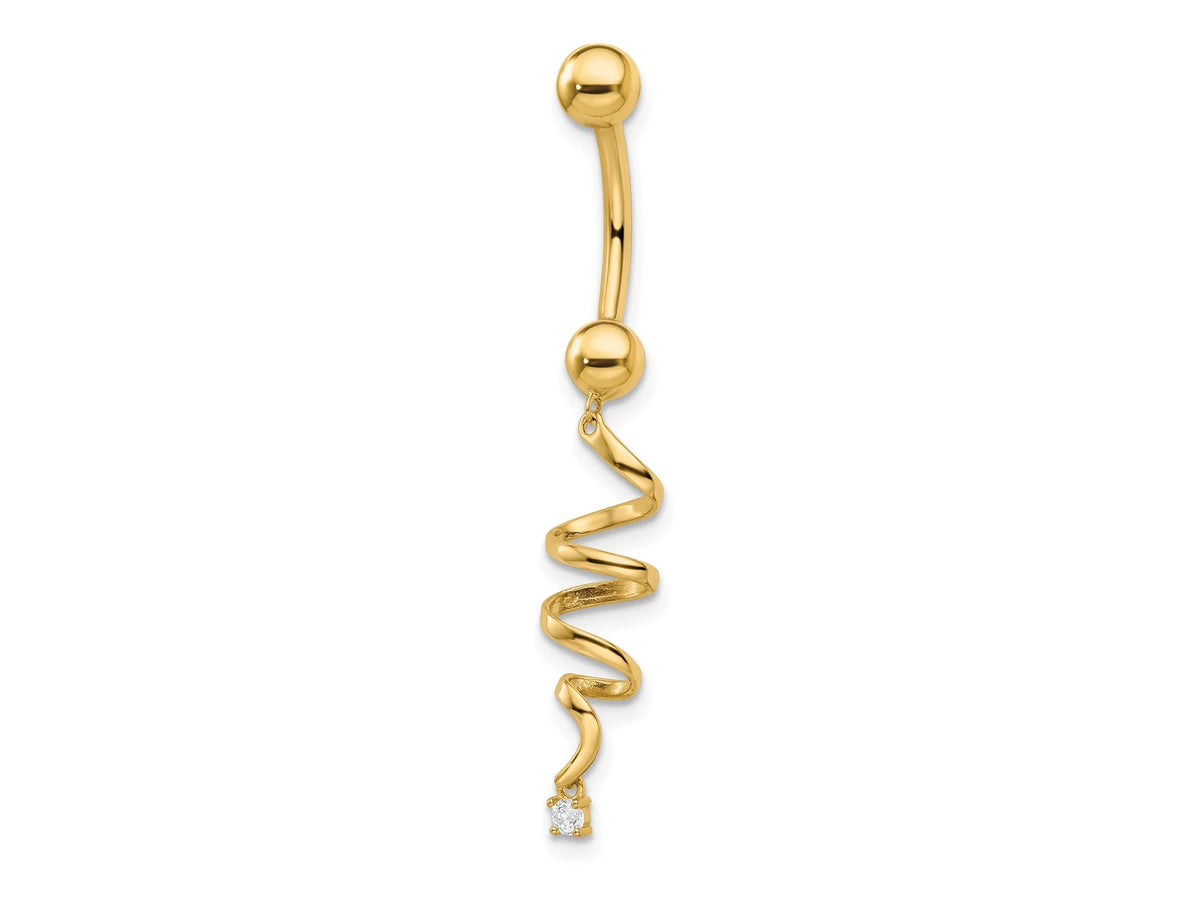 14k Yellow Gold Twist & Dangle CZ Belly Ring / 14k Twister Belly Button Ring / Gold Navel Ring / Belly Ring Real Gold Gift Box Included