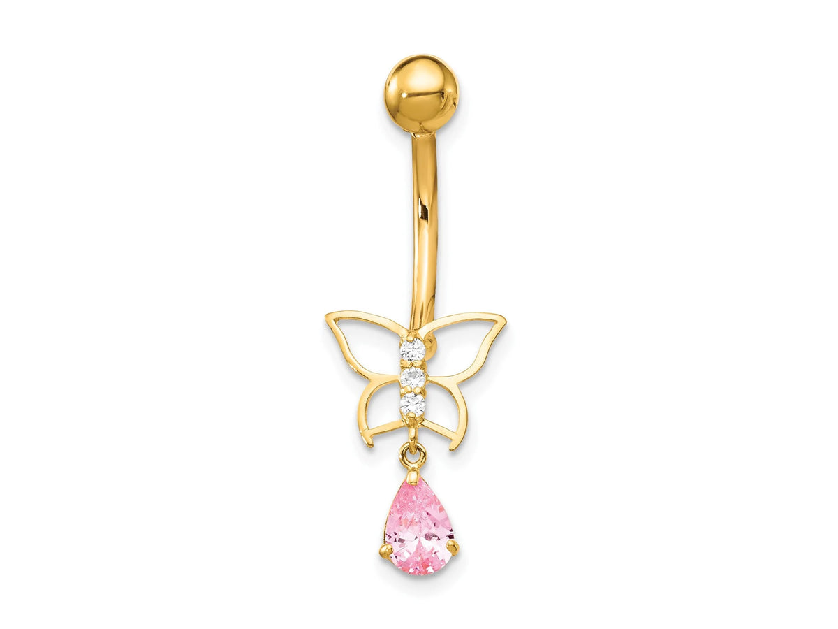 10k Yellow Gold Butterfly Pink CZ Belly Ring Dangle / 10k Butterfly Belly Button Ring / Gold Navel Ring / Real Gold Gift Box Included