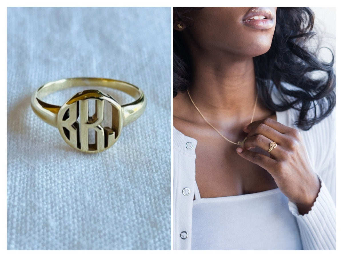 Circle Monogram Ring Available In Sterling Silver 10k and 14k Yellow & White Gold - Made In USA - Gift Box Included