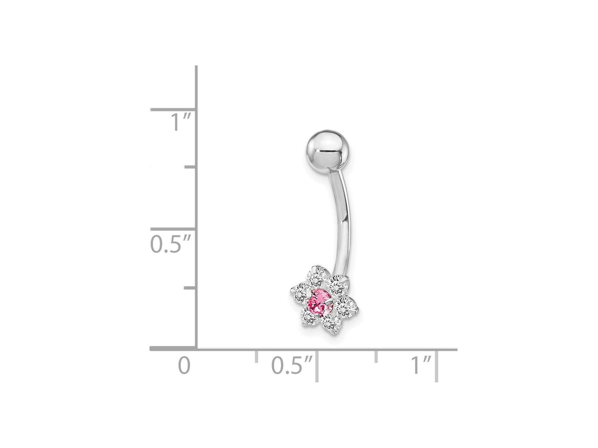 10k White Gold Pink CZ Flower Belly Ring with CZ  / 10k Belly Button Ring / Gold Navel Ring / Belly Ring Real Gold Gift Box Included
