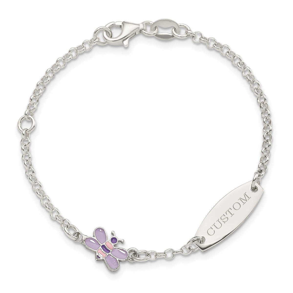 Children's Sterling Silver Personalized ID Bracelet with Butterfly 5 inches w/ 1inch Ext ( 6 Characters)  9 months Old - 3 Years Old