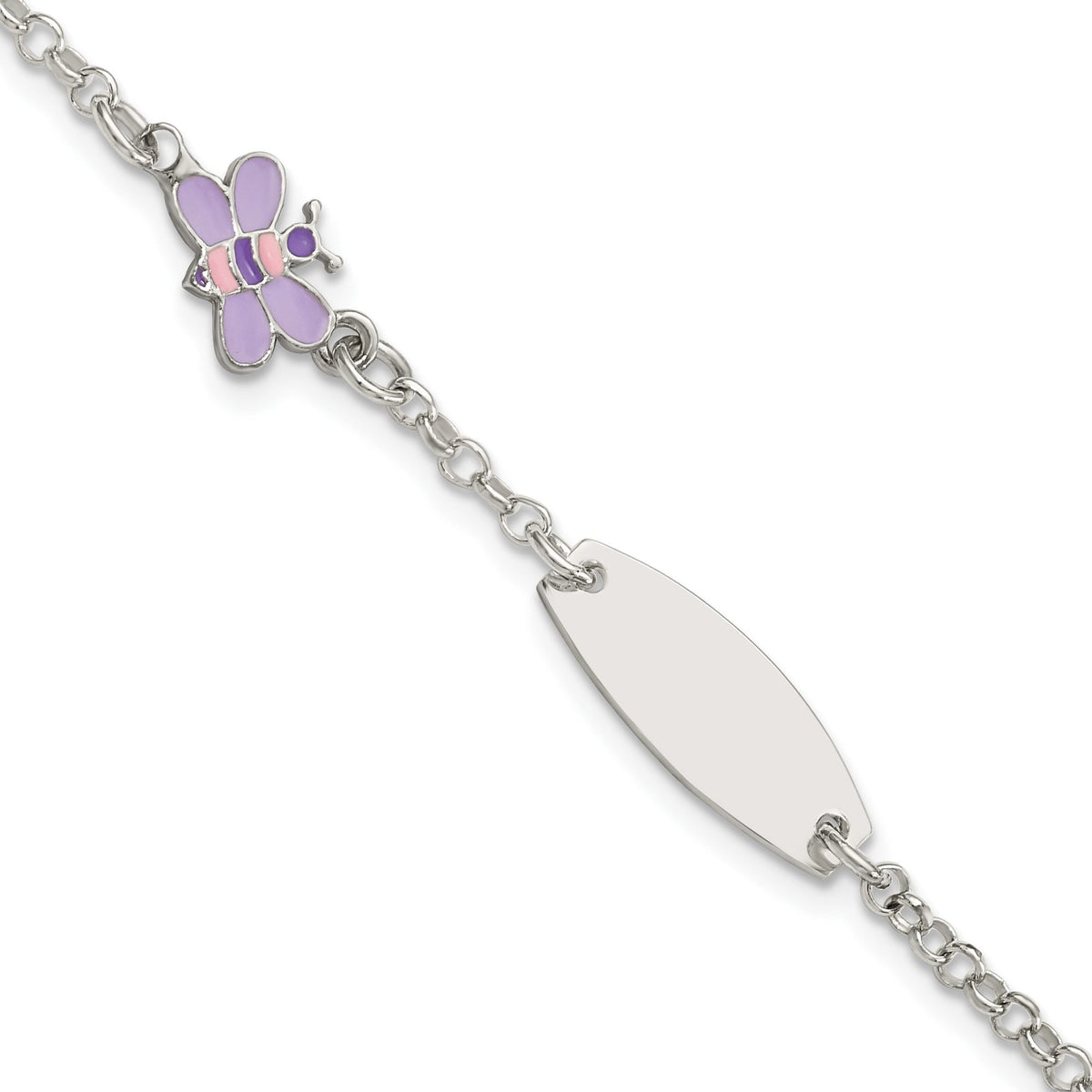 Children's Sterling Silver Personalized ID Bracelet with Butterfly 5 inches w/ 1inch Ext ( 6 Characters)  9 months Old - 3 Years Old