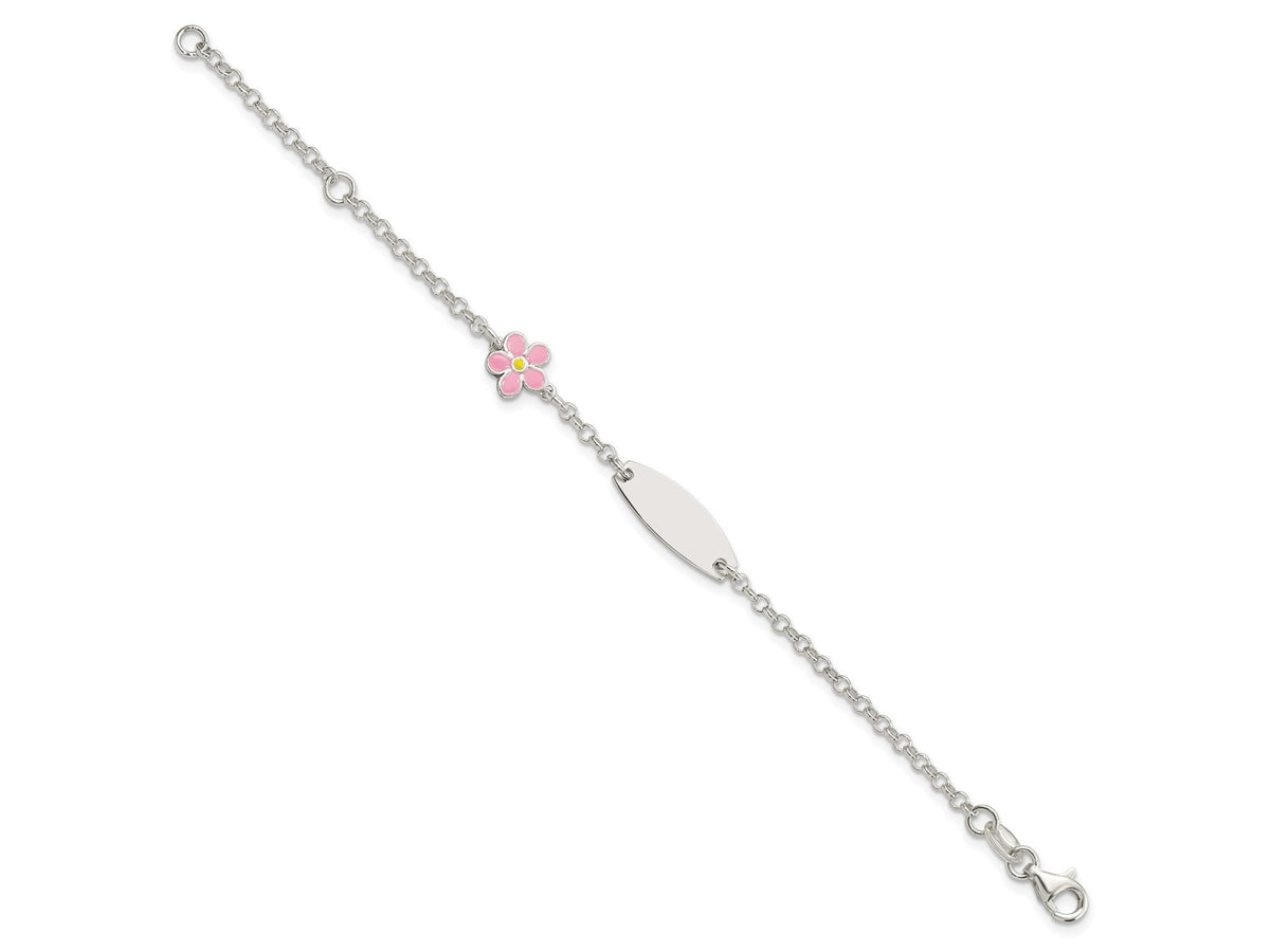 Children's Sterling Silver Personalized ID Bracelet with Pink Flower 5 inches w/ 1inch Ext ( 6 Characters)  9 months Old - 3 Years Old