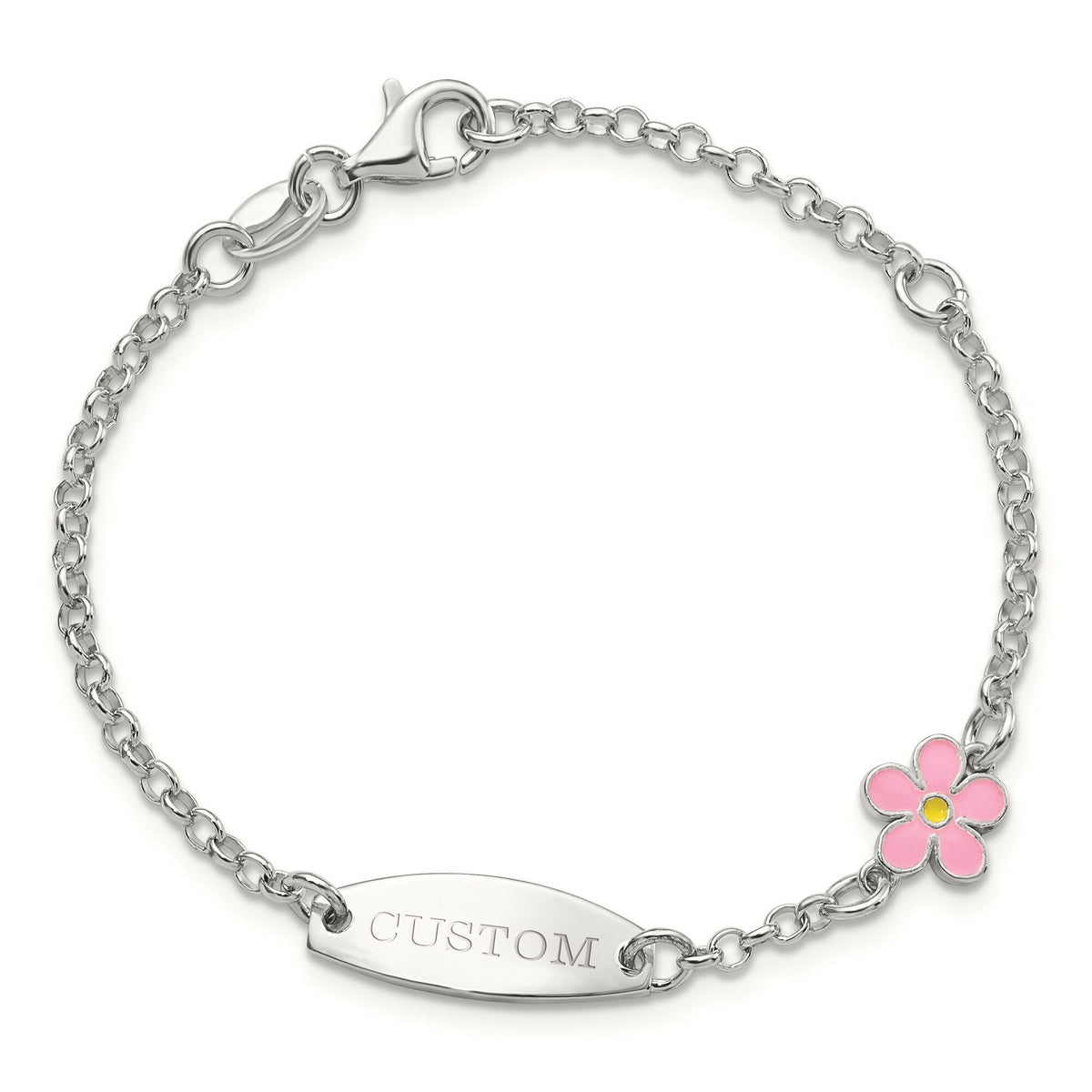 Children's Sterling Silver Personalized ID Bracelet with Pink Flower 5 inches w/ 1inch Ext ( 6 Characters)  9 months Old - 3 Years Old