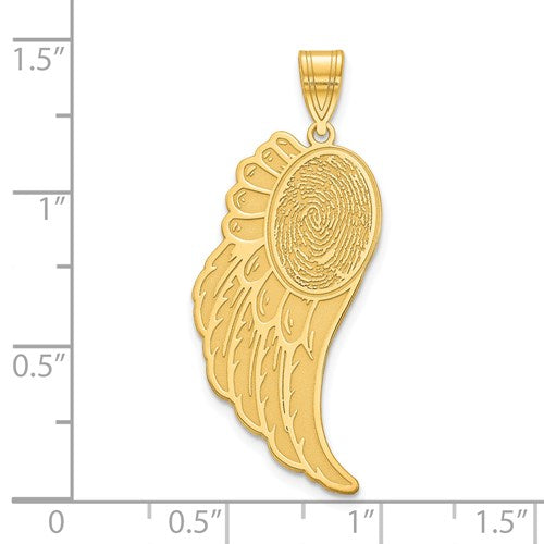 Personalized Angel Wing Fingerprint Charm Available in 10k & 14k Yellow Gold, Sterling Silver & Gold Plated Sterling Silver 31x 12.5mm (1.35 Inches)